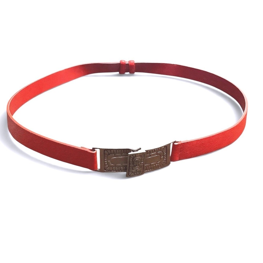 Chico's Aztec Red Genuine Leather Skinny Belt Silver Slide Buckle SM Adjustable